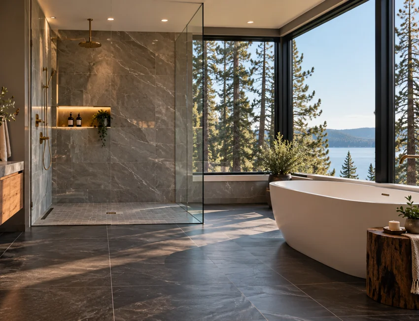AI-generated concept close-up of freestanding bathtub and contemporary tile