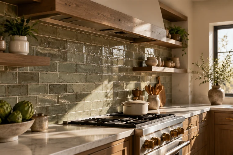 AI-generated concept of modern kitchen with olive green tile backsplash