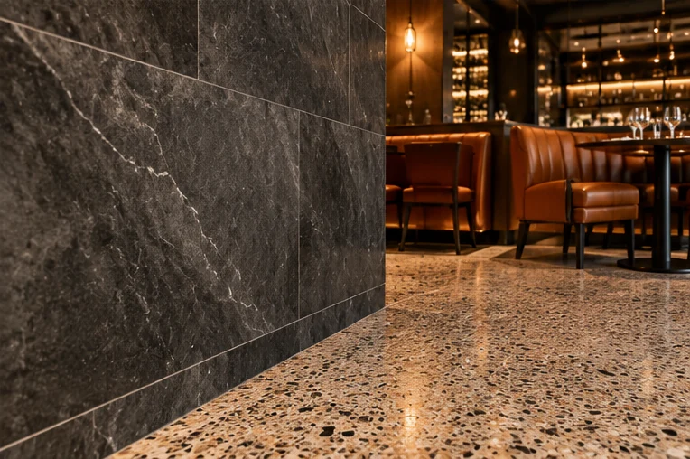 AI-generated concept of a contemporary restaurant with refined stone floor